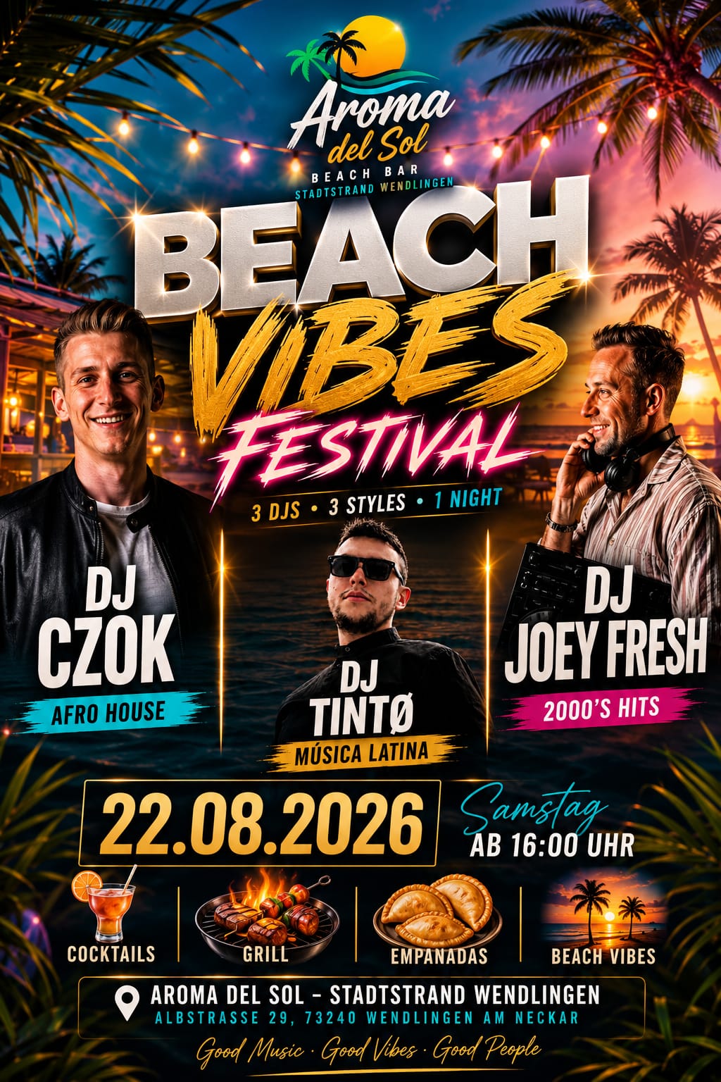 Flyer des Beach Vibes Festival am 22. August im Aroma del Sol – 3 DJs, Eintritt frei, ab 16 Uhr