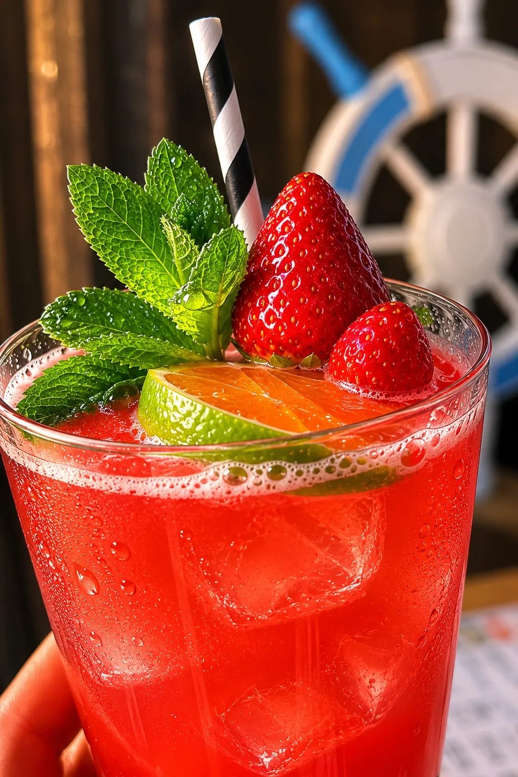 Frischer Erdbeer-Cocktail mit Minze, Limette und gestreiftem Strohhalm in Nahaufnahme