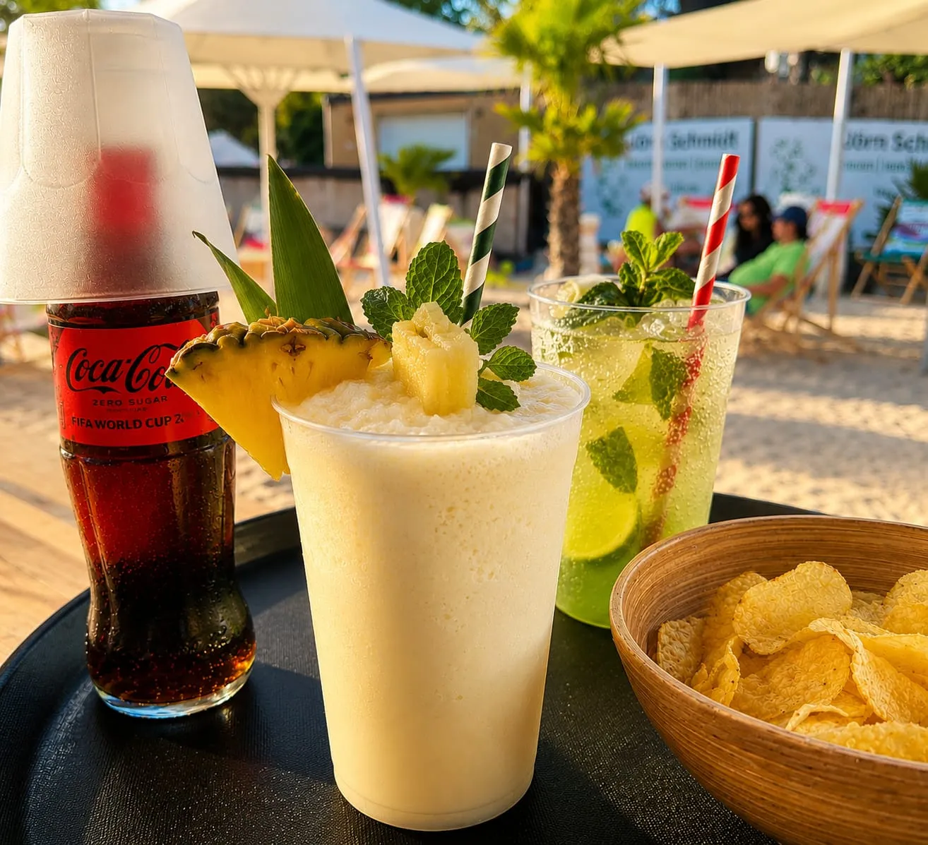 Piña Colada, Mojito und Cola auf dem Tablett vor der Strandterrasse