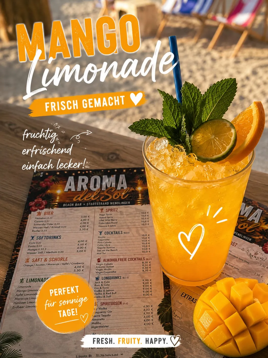 Frischgemachte Mango-Limonade im Glas mit Minze, Orangenscheibe und Mangohälfte