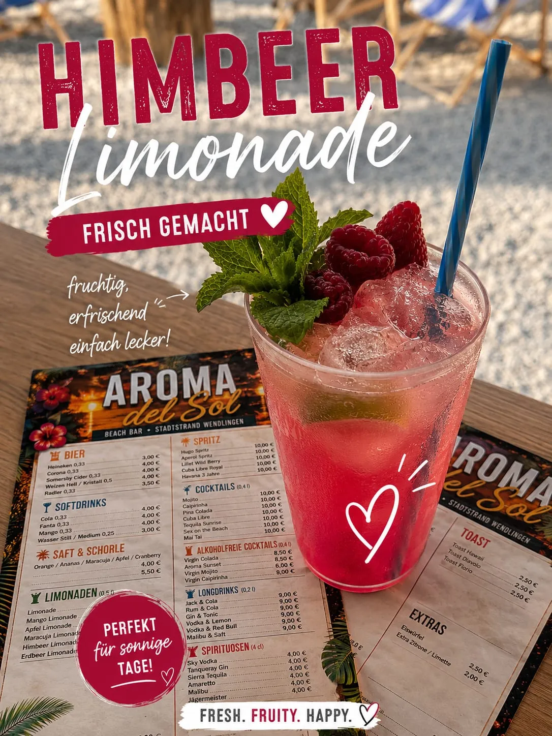 Frischgemachte Himbeer-Limonade mit frischen Himbeeren, Minze und Eis