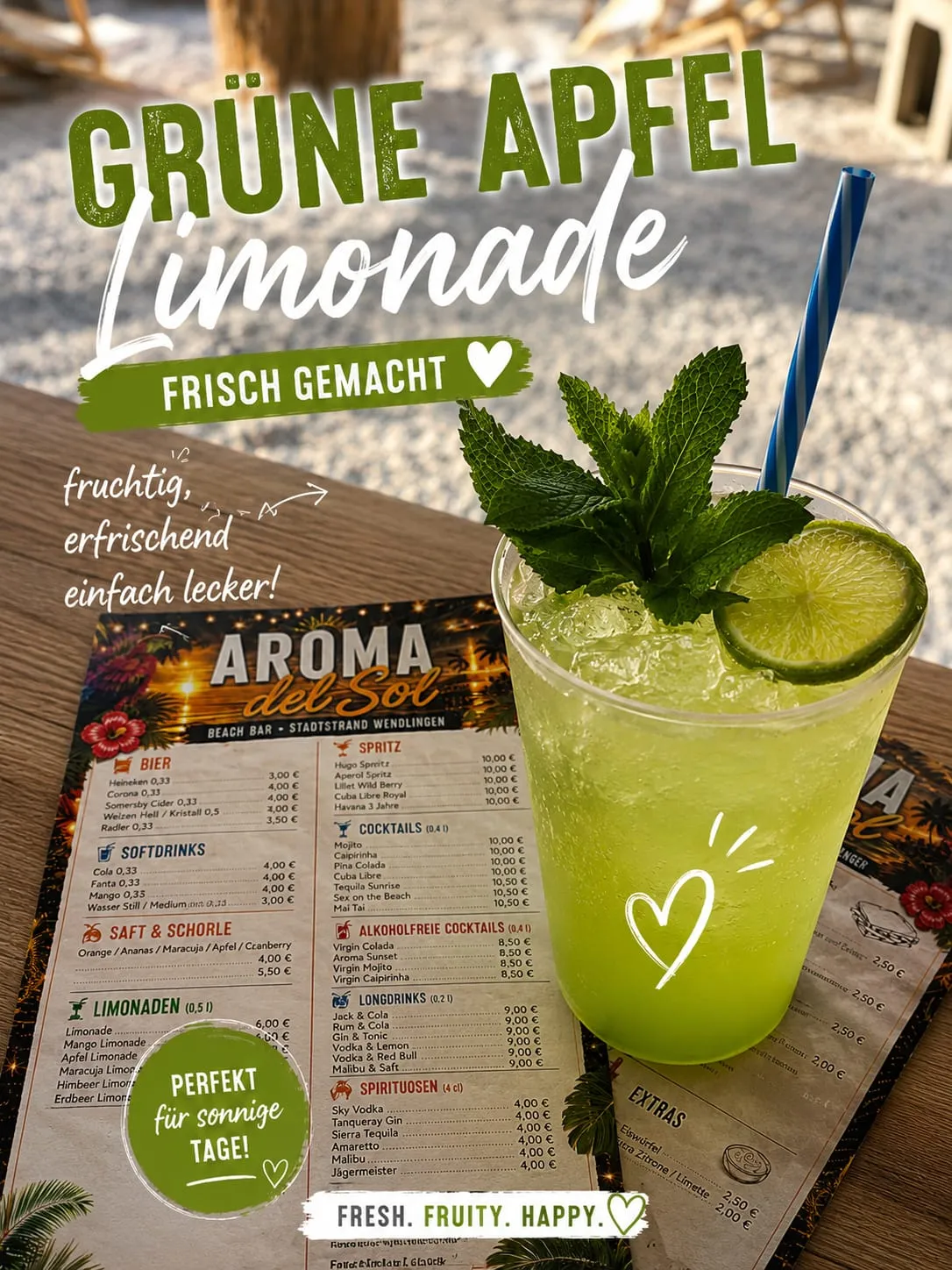 Frischgemachte Limonade Grüner Apfel mit Limette, Minze und crushed Ice