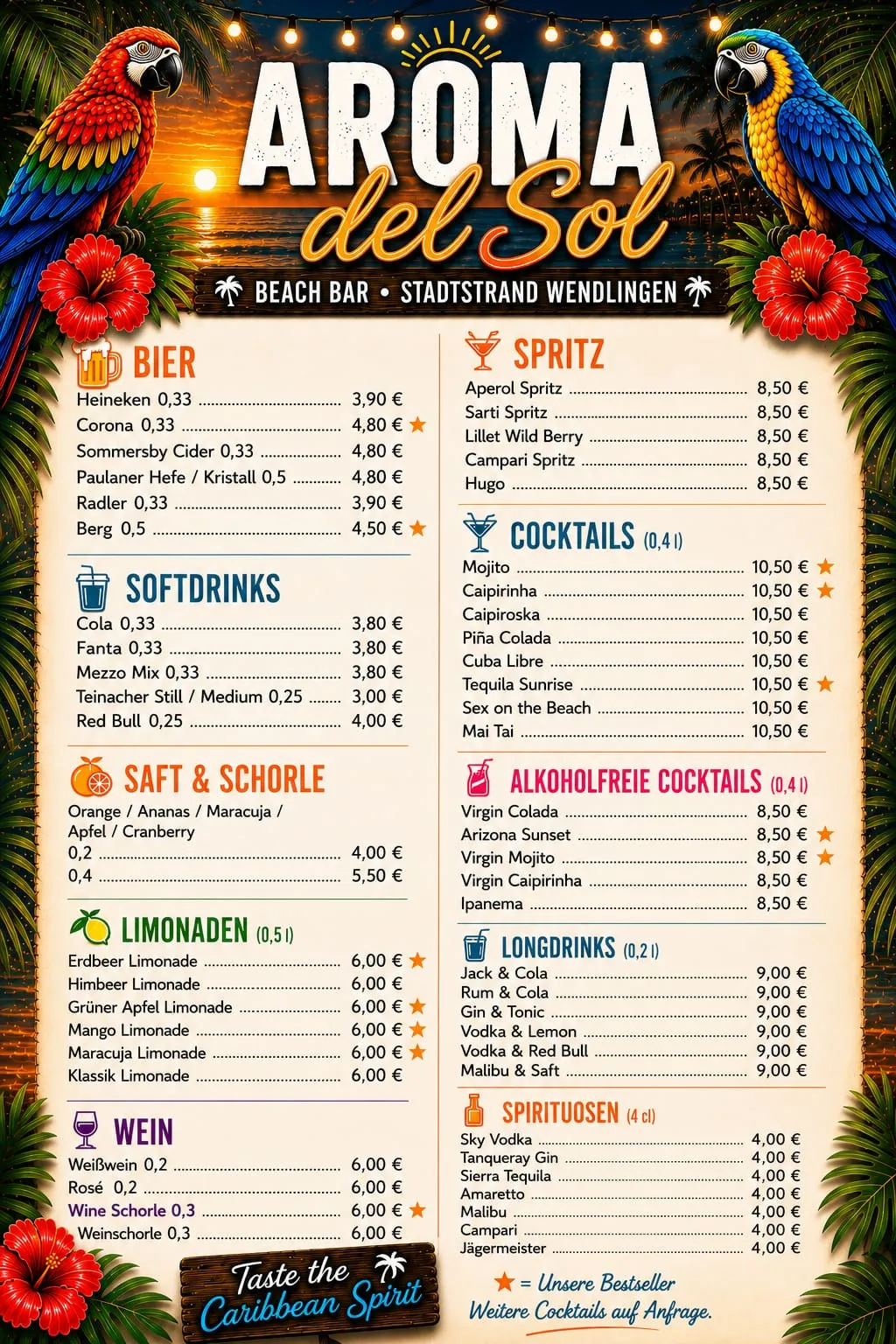 Getränkekarte von Aroma del Sol mit Cocktails, Spritz, Limonaden, Wein und mehr